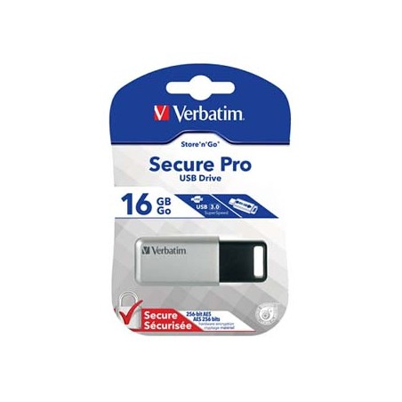 Verbatim USB flash disk, USB 3.0, 16GB, Secure Pro, Store N Go, srebrny, 98664, USB A, szyfrowanie AES 256-bit, wysuwane złącze