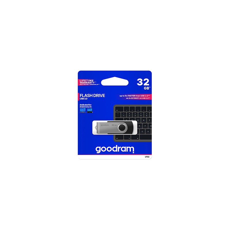 Goodram USB flash disk, USB 3.0, 32GB, UTS3, czarny, UTS3-0320K0R11, USB A, z obrotową osłoną