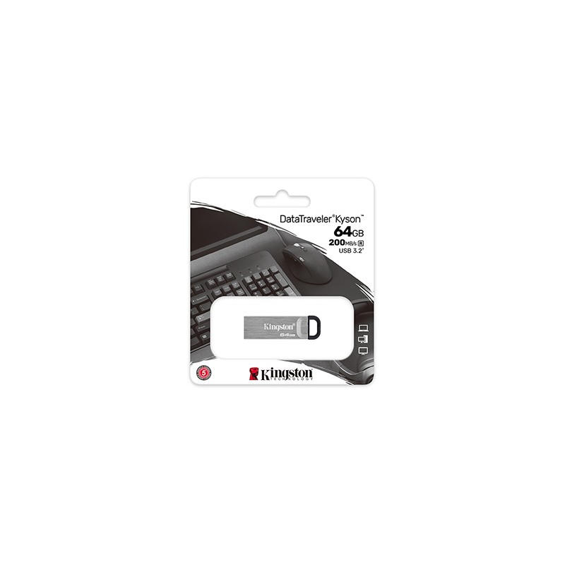 Kingston USB flash disk, USB 3.0, 64GB, DataTraveler(R) Kyson, srebrny, DTKN/64GB, USB A, z oczkiem na brelok
