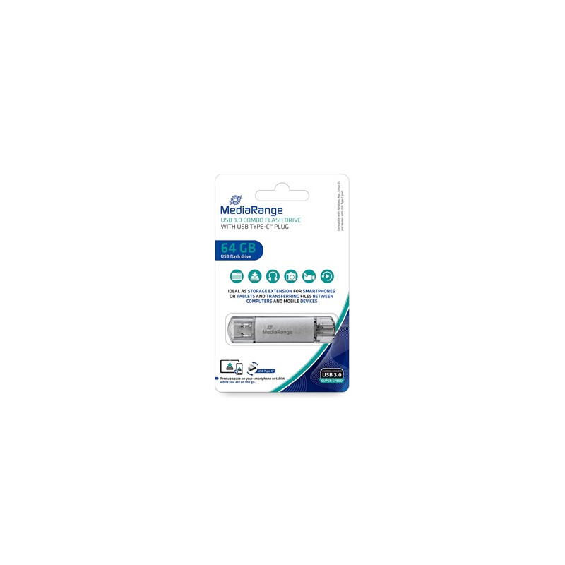 MediaRange USB flash disk, USB 3.0, 64GB, srebrny, MR937, USB A / USB C, z osłoną