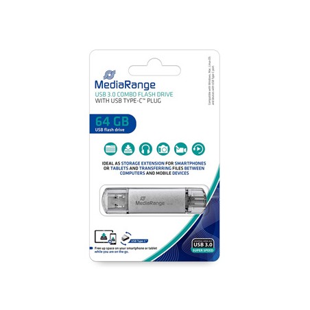 MediaRange USB flash disk, USB 3.0, 64GB, srebrny, MR937, USB A / USB C, z osłoną