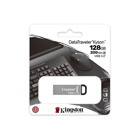 Kingston USB flash disk, USB 3.0, 128GB, DataTraveler(R) Kyson, srebrny, DTKN/128GB, USB A, z oczkiem na brelok
