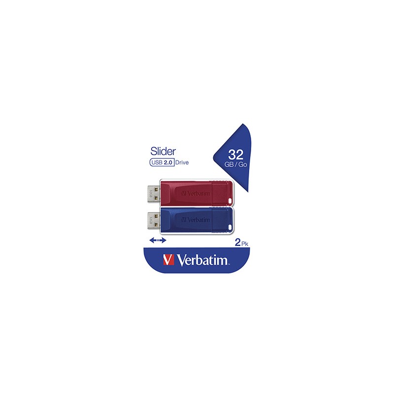 Verbatim USB flash disk, USB 2.0, 32GB, Slider, niebieski, czerwony, 49327, USB A, usb z wysuwanym złączem. 2 szt