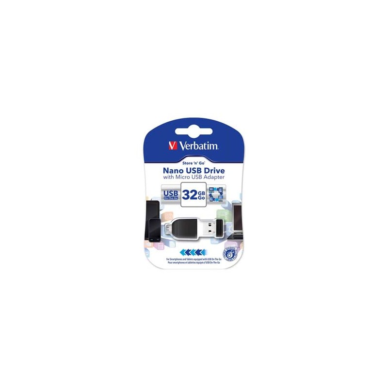 Verbatim USB flash disk, USB 2.0, 32GB, Nano, Store N Go, czarny, 49822, USB A, z adapterem mikro USB