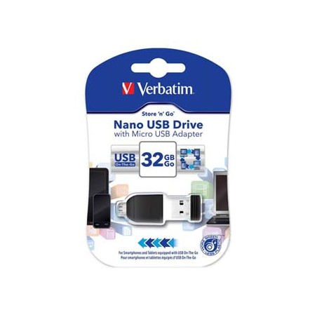 Verbatim USB flash disk, USB 2.0, 32GB, Nano, Store N Go, czarny, 49822, USB A, z adapterem mikro USB