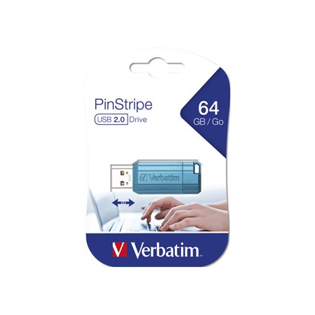 Verbatim USB flash disk, USB 2.0, 64GB, PinStripe, Store N Go, niebieski, 49961, USB A, z wysuwanym złączem