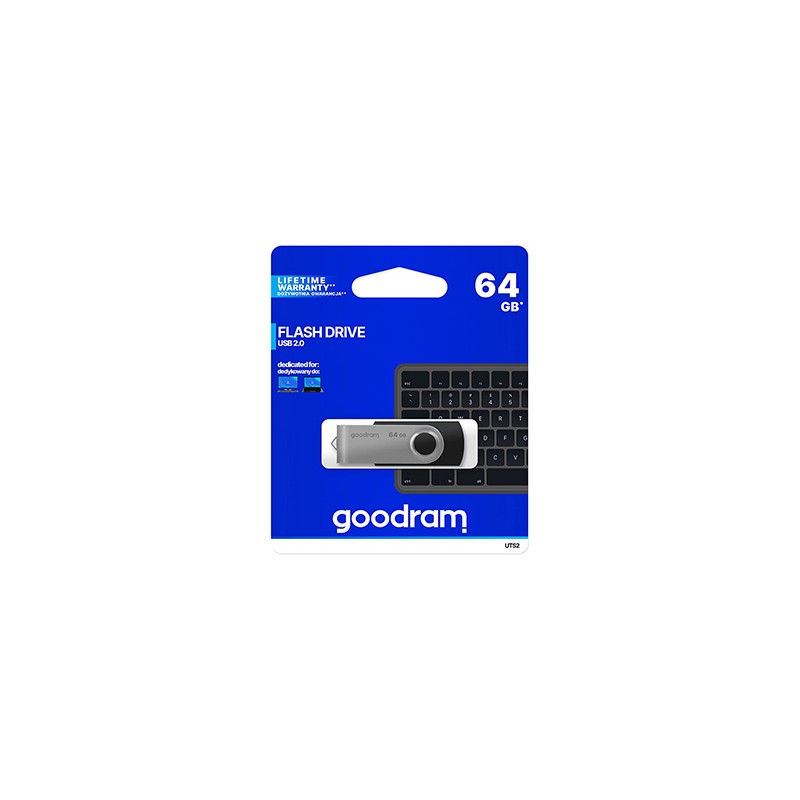 Goodram USB flash disk, USB 2.0, 64GB, UTS2, czarny, UTS2-0640K0R11, USB A, z obrotową osłoną