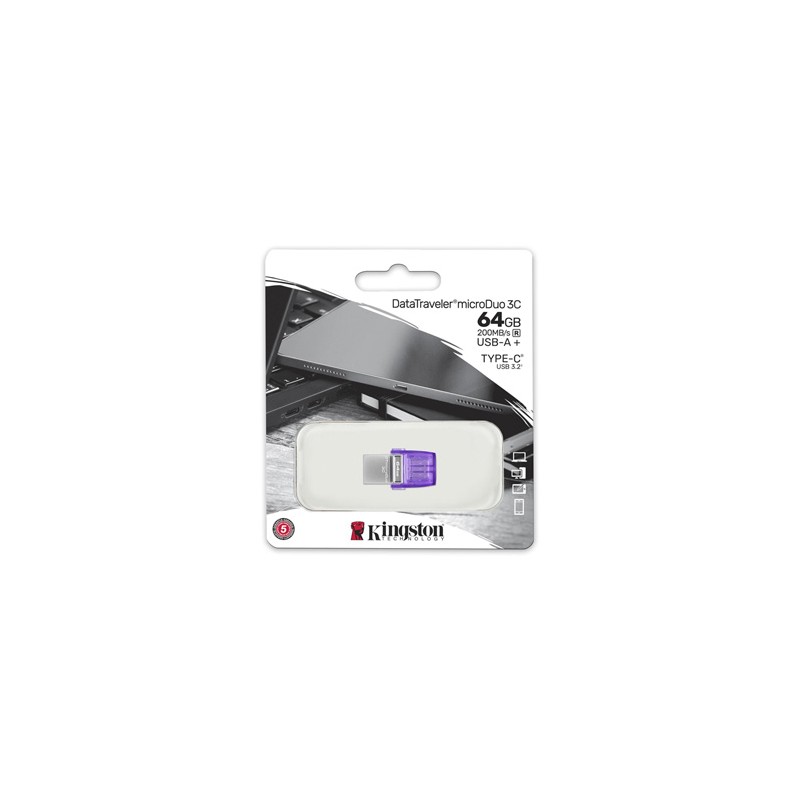 Kingston USB flash disk OTG, USB 3.0, 64GB, Data Traveler microDuo3 G2, srebrno-fioletowy, DTDUO3CG3/64GB, USB A / USB C