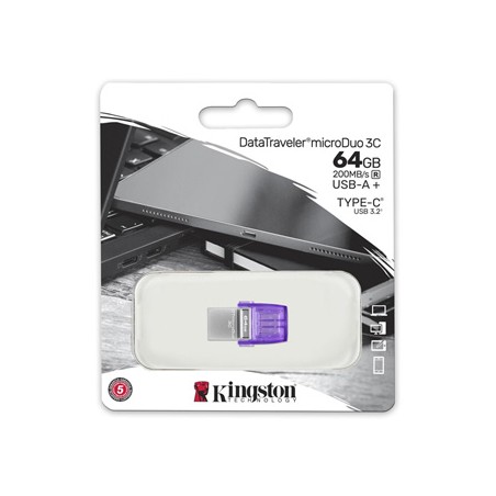 Kingston USB flash disk OTG, USB 3.0, 64GB, Data Traveler microDuo3 G2, srebrno-fioletowy, DTDUO3CG3/64GB, USB A / USB C
