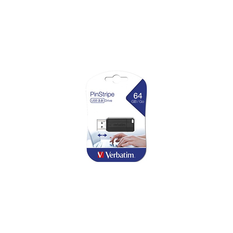 Verbatim USB flash disk, USB 2.0, 64GB, PinStripe, Store N Go, czarny, 49065, USB A, z wysuwanym złączem