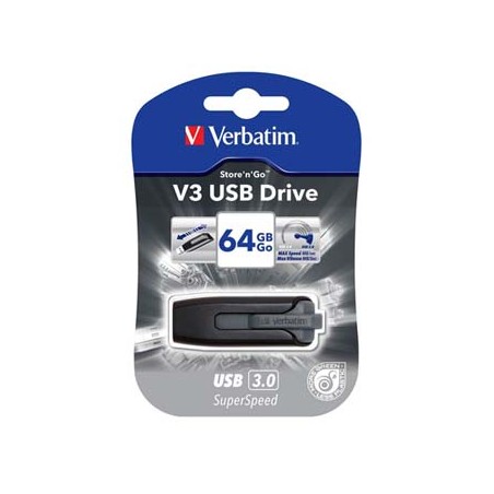 Verbatim USB flash disk, USB 3.0, 64GB, V3, Store N Go, czarny, 49174, USB A, z wysuwanym złączem
