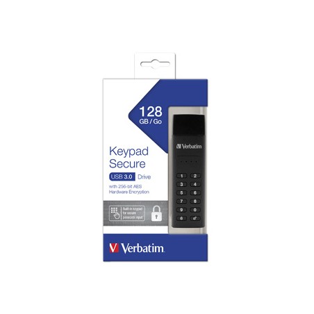 Verbatim USB flash disk, USB 3.0, 128GB, Keypad Secure, czarny, 49429, USB A, 256bitowe szyfrowanie AES, LED