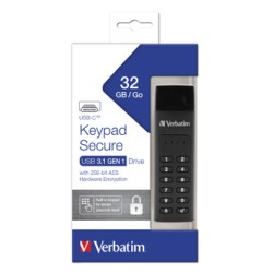 Verbatim USB flash disk, USB 3.0 / 3.1 Gen 1, 32GB, Keypad Secure, czarny, 49430, 256bitowe szyfrowanie AES, LED złącze USB C