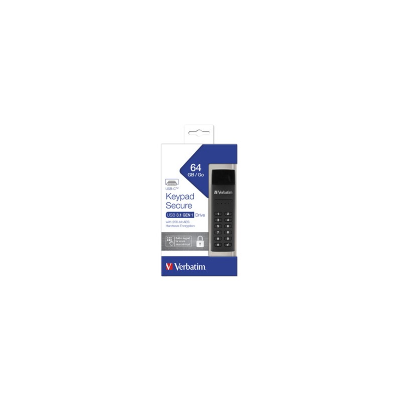 Verbatim USB flash disk, USB 3.0 / 3.1 Gen 1, 64GB, Keypad Secure, czarny, 49431, 256bitowe szyfrowanie AES, LED złącze USB C