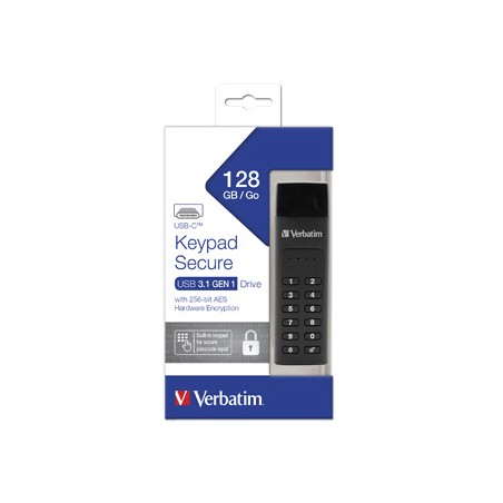 Verbatim USB flash disk, USB 3.0, 128GB, Keypad Secure, czarny, 49432, USB C, 256bitowe szyfrowanie AES, LED