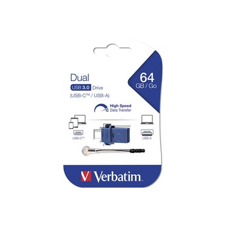 Verbatim USB flash disk OTG, USB 3.0, 64GB, Dual, niebieski, 49967, USB A / USB C, z oczkiem na brelok