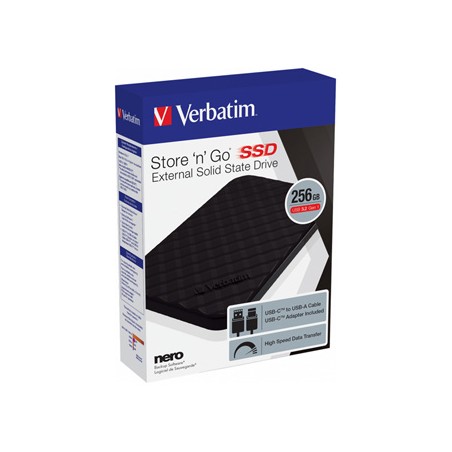 SSD Zewnętrzny Verbatim Store N Go, 53249, 256GB, czarny, USB-A/Micro-B, z adapterem USB-A na USB-C(TM), 2.5", USB-C