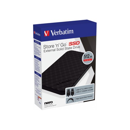 SSD Zewnętrzny Verbatim Store N Go, 53250, 512GB, czarny, USB-A/Micro-B, z adapterem USB-A na USB-C(TM), 2.5", USB-C