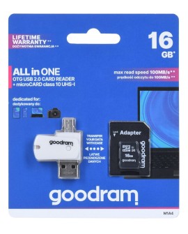 Karta pamięci z adapterem i czytnikiem kart GoodRam All in one M1A4-0160R12 (16GB Class 10 Adapter, Czytnik kart MicroSDHC,