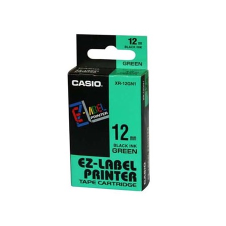 Casio oryginalny taśma do drukarek etykiet, Casio, XR-12GN1, czarny druk/zielony podkład, nielaminowany, 8m, 12mm