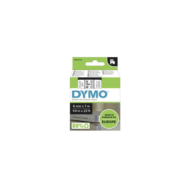 Dymo oryginalny taśma do drukarek etykiet, Dymo, 43610, S0720770, czarny druk/przezroczysty podkład, 7m, 6mm, D1