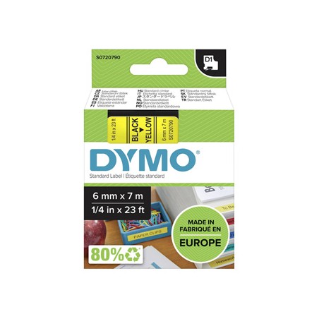 Dymo oryginalny taśma do drukarek etykiet, Dymo, 43618, S0720790, czarny druk/żółty podkład, 7m, 6mm, D1