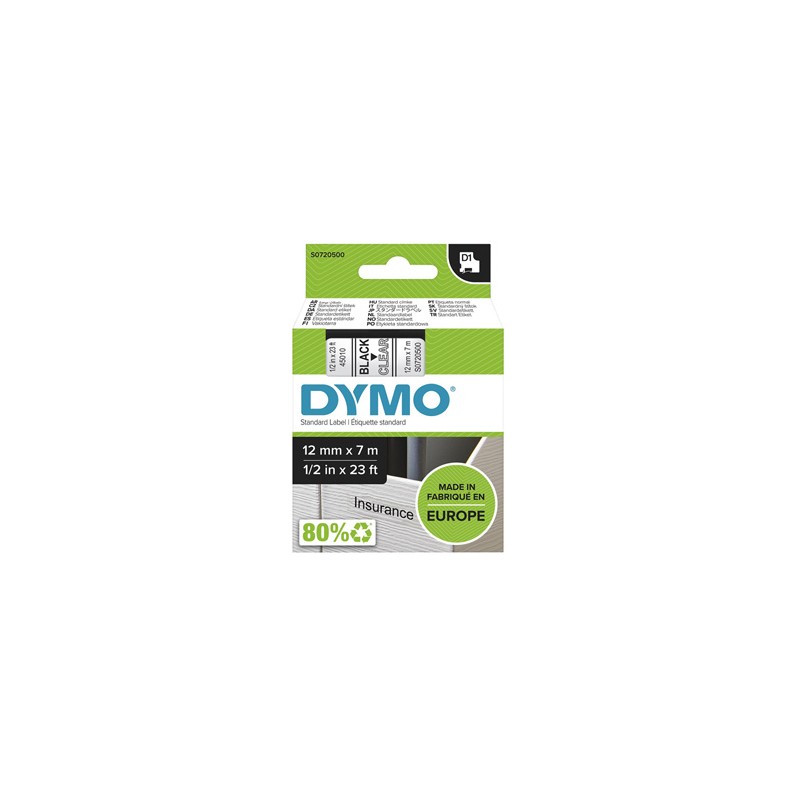Dymo oryginalny taśma do drukarek etykiet, Dymo, 45010, S0720500, czarny druk/przezroczysty podkład, 7m, 12mm, D1