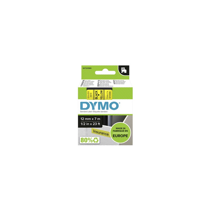 Dymo oryginalny taśma do drukarek etykiet, Dymo, 45018, S0720580, czarny druk/żółty podkład, 7m, 12mm, D1