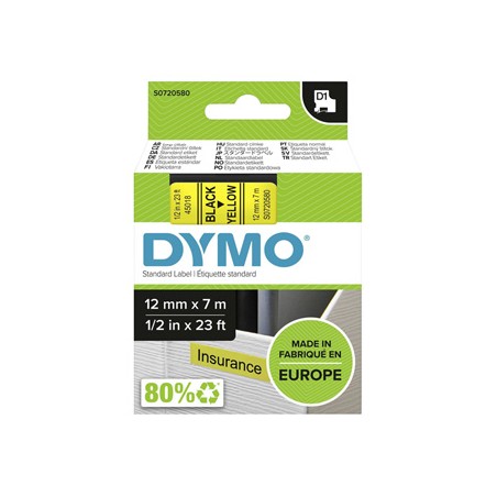 Dymo oryginalny taśma do drukarek etykiet, Dymo, 45018, S0720580, czarny druk/żółty podkład, 7m, 12mm, D1