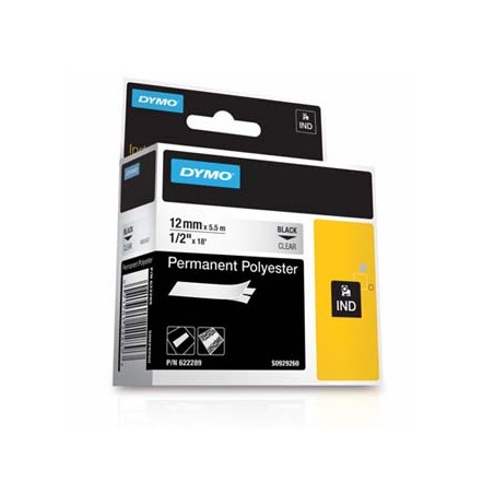 Dymo oryginalny taśma do drukarek etykiet, Dymo, 622289, czarny druk/przezroczysty podkład, 5.5m, 12mm, RHINO poliestrowa trwała