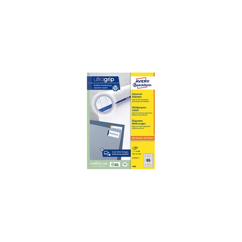 Avery Zweckform etykiety 38 x 21.2 mm, A4, białe, 65 etykiety, pakowane po 100 szt., 3666, do drukarek laserowych i atramentowyc