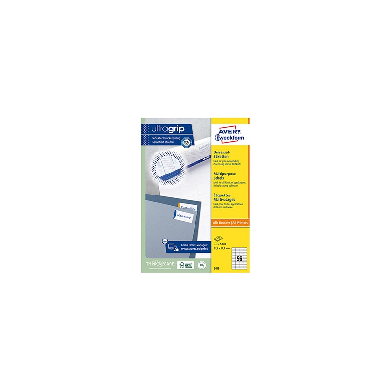 Avery Zweckform etykiety 52.5 x 21.2 mm, A4, białe, 56 etykiety, pakowane po 100 szt., 3668, do drukarek laserowych i atramentow