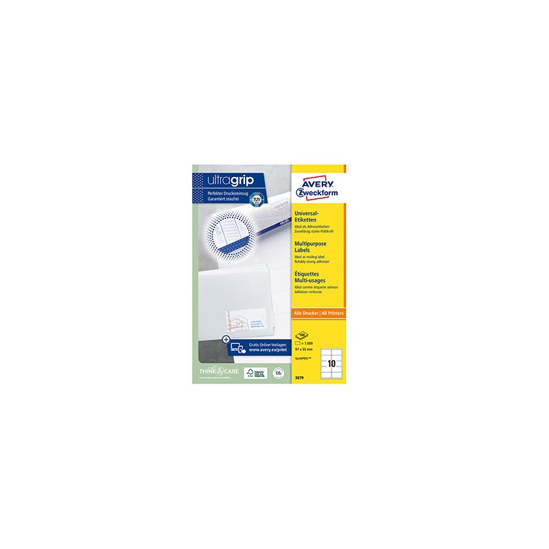 Avery Zweckform etykiety 97 x 55 mm, A4, białe, 10 etykiety, pakowane po 100 szt., 3679, do drukarek laserowych i atramentowych