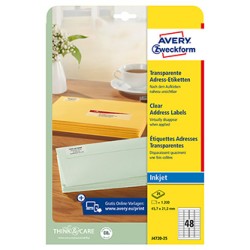 Avery Zweckform etykiety 45.7mm x 21.2mm, A4, przezroczysty, przezroczysta, 48 etykiety, adresowa, pakowane po 25 szt., J4720-25