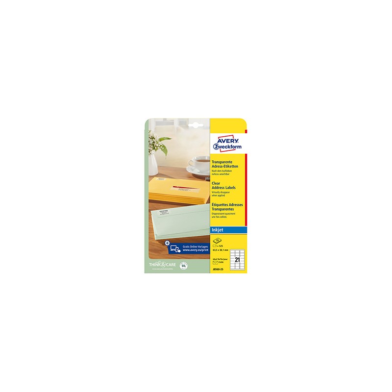Avery Zweckform etykiety 63.5mm x 38.1mm, A4, przezroczysty, przezroczysta, 21 etykiety, adresowa, pakowane po 25 szt., J8560-25