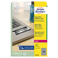 Avery Zweckform etykiety 25.4mm x 10mm, A4, srebrne, 189 etykiety, bardzo trwałe, pakowane po 20 szt., L6008-20, do drukarek las