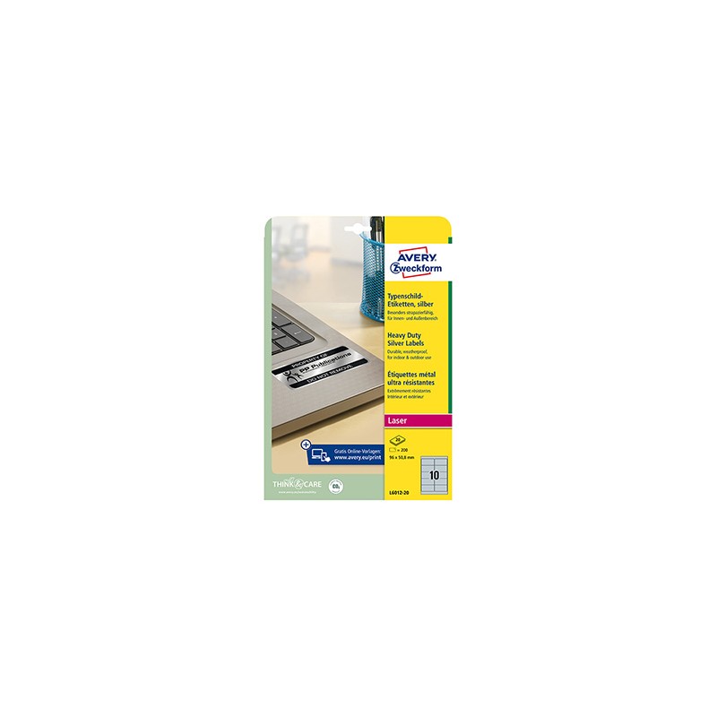 Avery Zweckform etykiety 96mm x 50.8mm, A4, srebrne, 10 etykiety, bardzo trwałe, pakowane po 20 szt., L6012-20, do drukarek lase