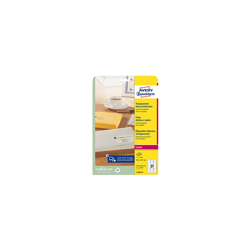 Avery Zweckform etykiety 63.5mm x 38.1mm, A4, przezroczysty, przezroczysta, 21 etykiety, adresowa, pakowane po 25 szt., L7560-25