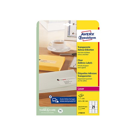 Avery Zweckform etykiety 63.5mm x 38.1mm, A4, przezroczysty, przezroczysta, 21 etykiety, adresowa, pakowane po 25 szt., L7560-25