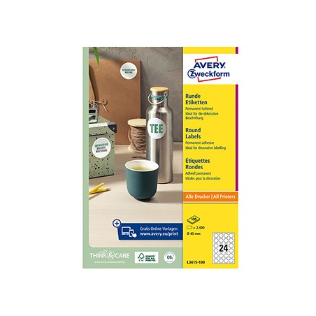 Avery Zweckform etykiety 40mm, A4, białe, 24 etykiety, pakowane po 100 szt., L3415-100, do drukarek laserowych i atramentowych