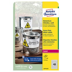 Avery Zweckform etykiety 30mm, A4, matowe, białe, 48 etykiety, bardzo trwałe, pakowane po 20 szt., L4716-20, do drukarek laserow
