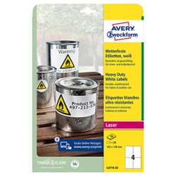 Avery Zweckform etykiety 105mm x 148mm, A4, matowe, białe, 4 etykiety, bardzo trwałe, pakowane po 20 szt., L4719-20, do drukarek