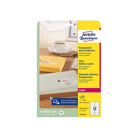 Avery Zweckform etykiety 99.1mm x 42.3mm, przezroczysty, przezroczysta, 12 etykieta, adresowa, pakowane po 25 szt., L4772-25, do