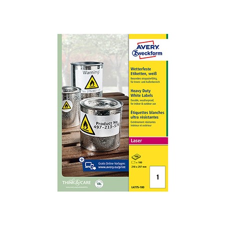 Avery Zweckform etykiety 210mm x 297mm, A4, matowe, białe, 1 etykieta, bardzo trwałe, pakowane po 100 szt., L4775-100, do drukar
