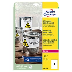 Avery Zweckform etykiety 210mm x 297mm, A4, białe, 1 etykieta, bardzo trwałe, pakowane po 8 szt., L4775-8, do drukarek laserowyc