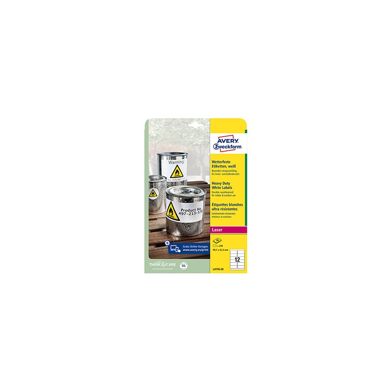 Avery Zweckform etykiety 99.1mm x 42.3mm, A4, matowe, białe, 12 etykiety, bardzo trwałe, pakowane po 20 szt., L4776-20, do druka