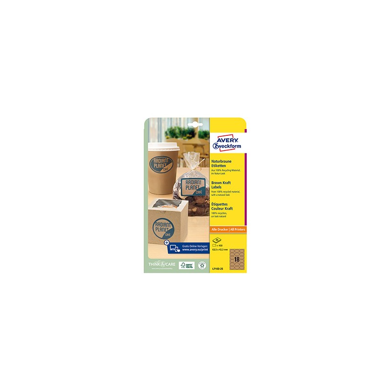 Avery Zweckform etykiety 63.5mm x 42.3mm, A4, naturalnie brązowy, 18 etykiety, pakowane po 25 szt., L7103-25, do drukarek lasero