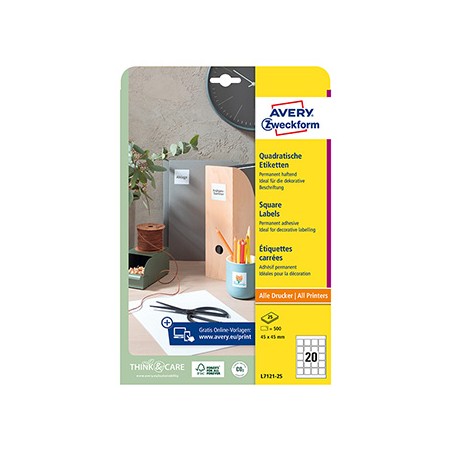 Avery Zweckform etykiety 45mm x 45mm, A4, białe, 20 etykiety, do znakowania QR kodem, pakowane po 25 szt., L7121-25, do drukarek