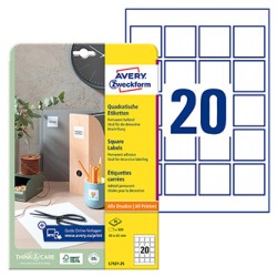 Avery Zweckform etykiety 45mm x 45mm, A4, białe, 20 etykiety, do znakowania QR kodem, pakowane po 25 szt., L7121-25, do drukarek