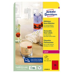 Avery Zweckform etykiety 99.1mm x 38.1mm, A4, neonowy czerwony, 14 etykiety, pakowane po 25 szt., L7263R-25, do drukarek laserow